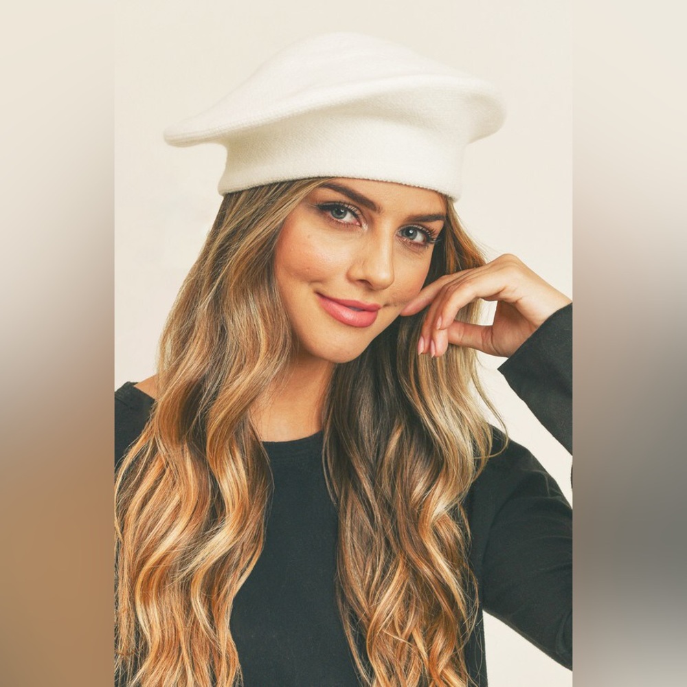 Cream Stretchy Solid Beret Hat